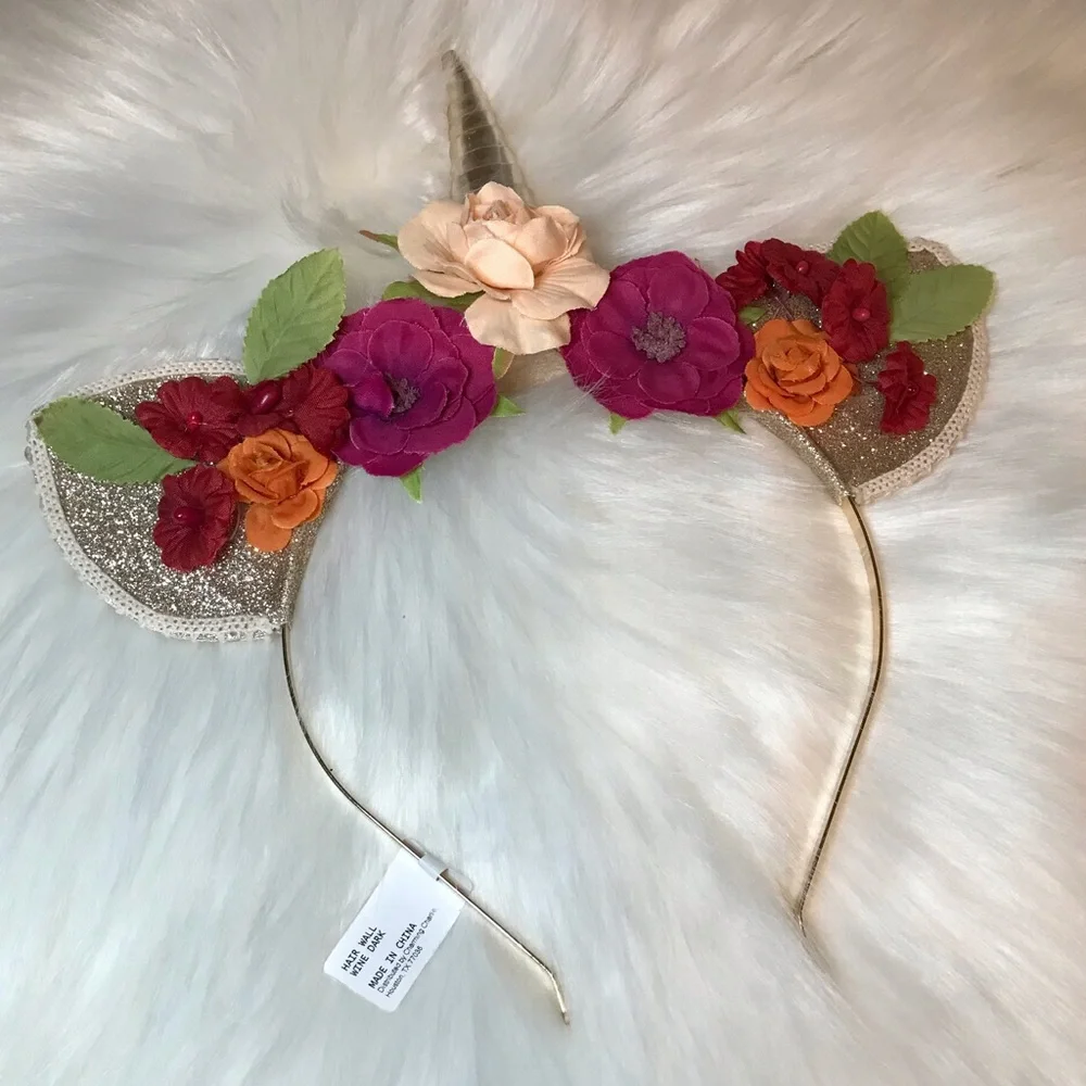 Unicorn Multi Red Green Gold Tone Floral Ears Horn headband hairband diadema OS